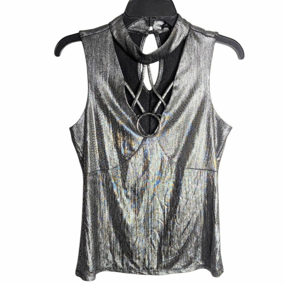 Lily Black O-ring Strappy Choker Cage Neck Metallic Silver Sleeveless Top M